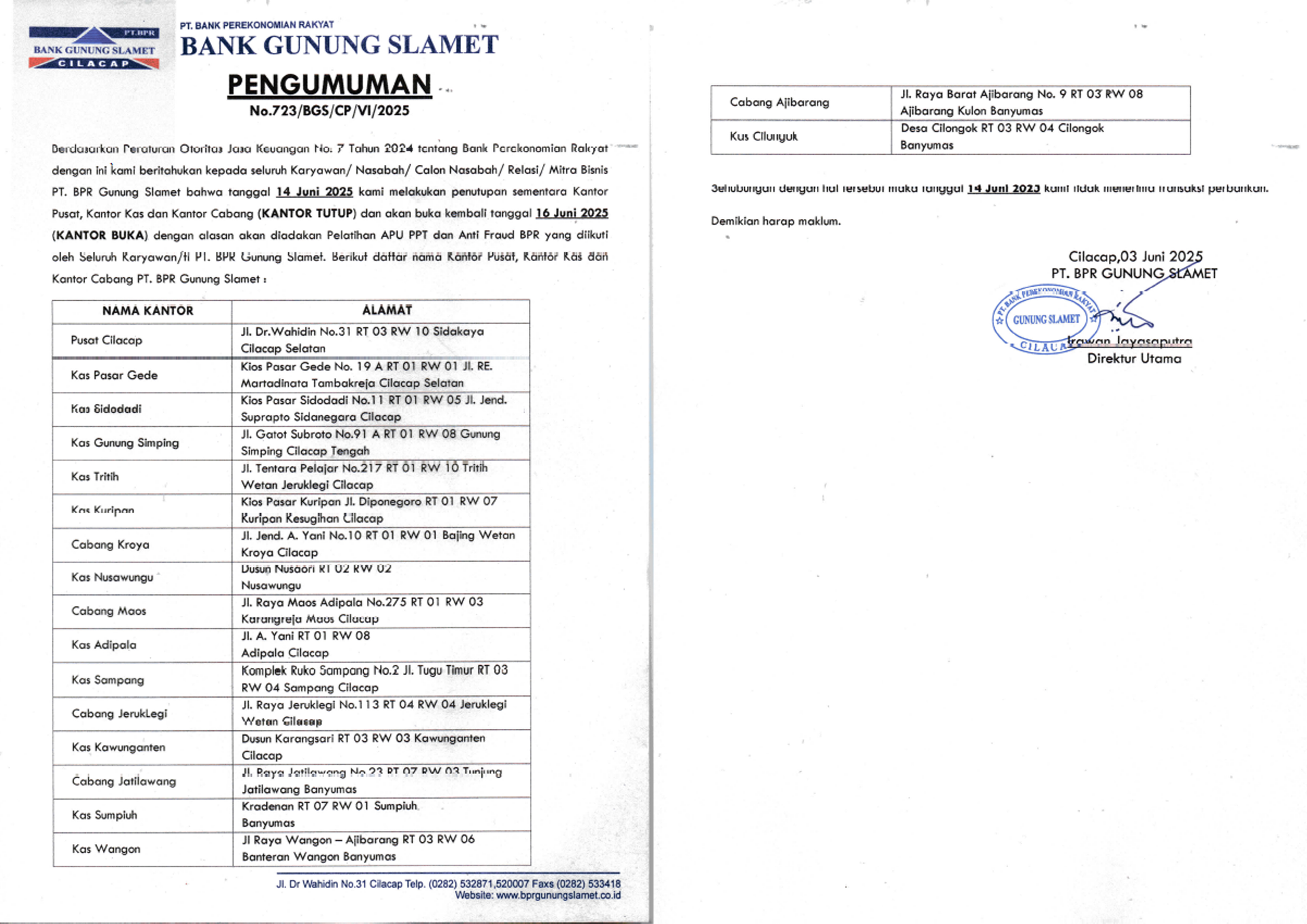 Rencana Penutupan Kantor sementara Tgl 13 Juni 2025