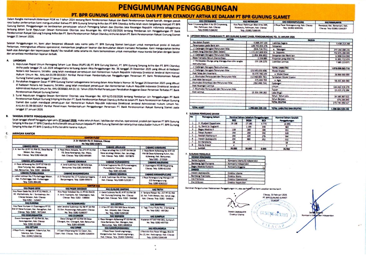 PENGUMUMAN PENGGABUNGAN PT. BPR GUNUNG SIMPING ARTHA DAN PT BPR CITANDUY ARTHA KE DALAM PT BPR GUNUNG SLAMET