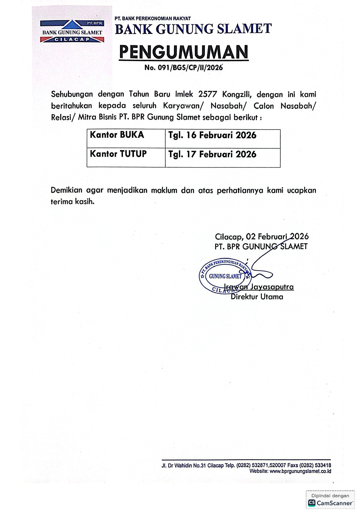 Pengumuman Libur Hari Raya Imlek