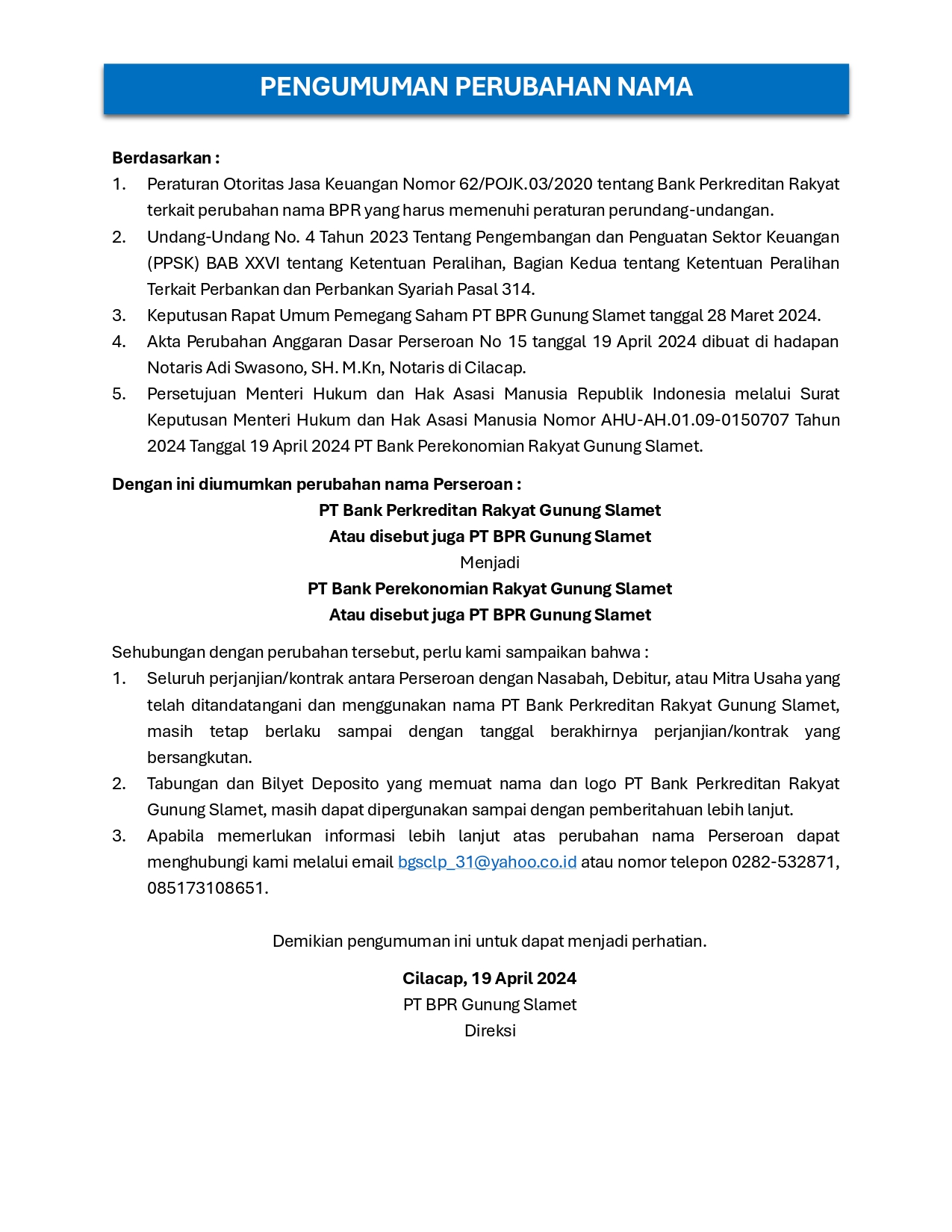 Perubahan nama BPR