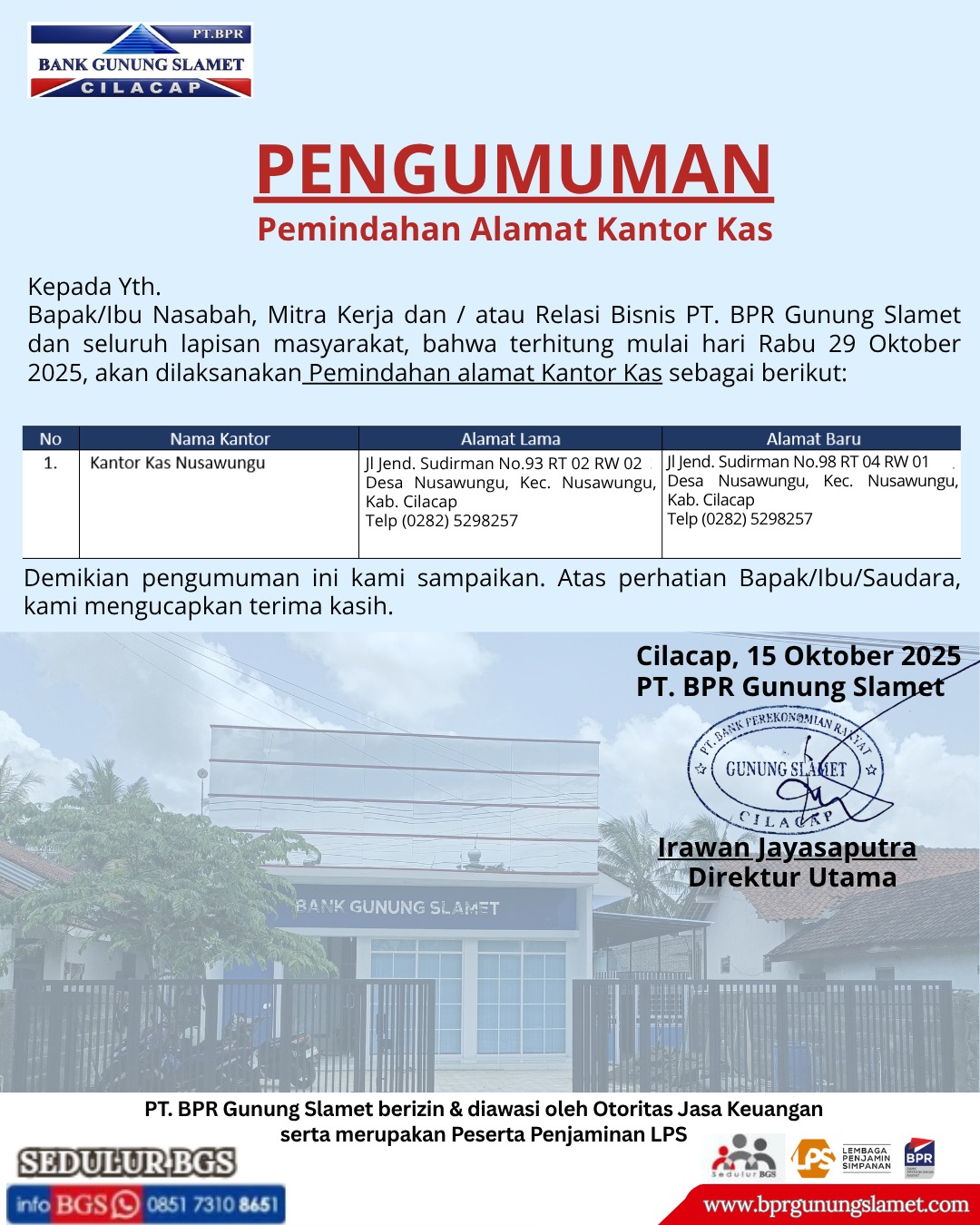 Pengumuman Pindah Alamat Kantor Kas Nusawungu