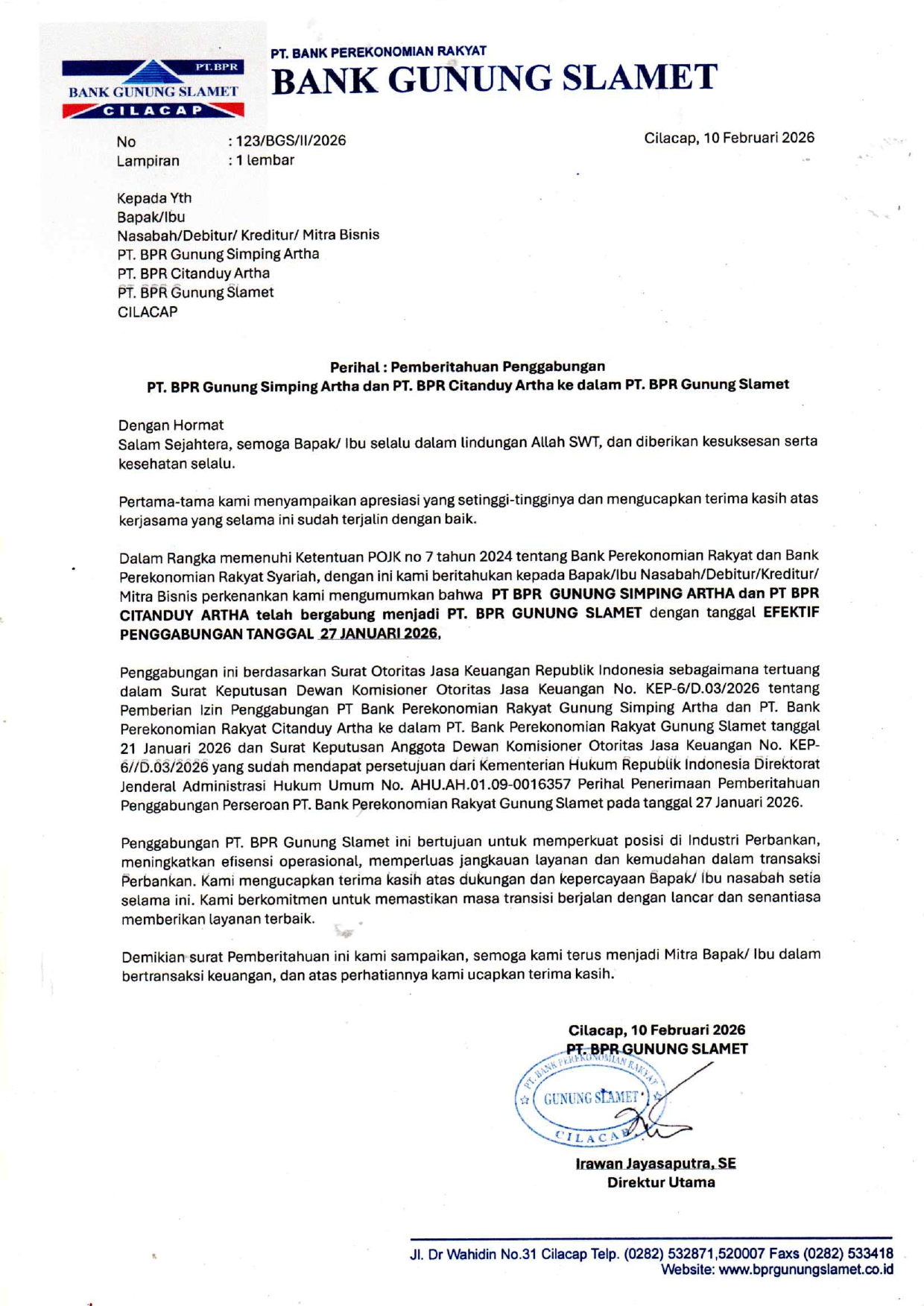 Pemberitahuan Penggabungan PT. BPR Gunung Simping Artha dan PT. BPR Citanduy Artha ke dalam PT. BPR Gunung Slamet